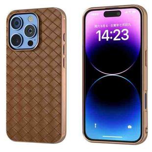 For iPhone 16 Pro Electroplated Frame Woven Texture PU Phone Case(Brown)