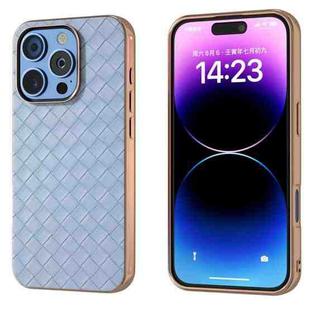 For iPhone 16 Pro Electroplated Frame Woven Texture PU Phone Case(Light Blue)