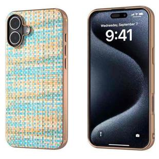 For iPhone 16 Plus Electroplated Frame Color Lattice Texture PU Phone Case(Blue)