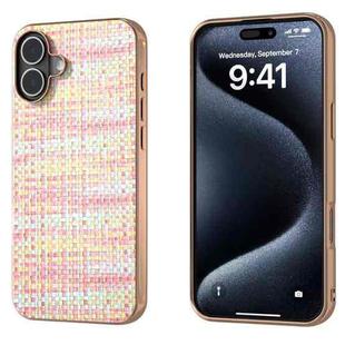 For iPhone 16 Plus Electroplated Frame Color Lattice Texture PU Phone Case(Pink)