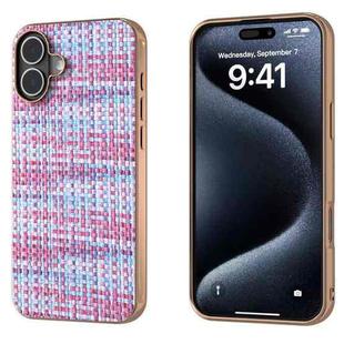 For iPhone 16 Plus Electroplated Frame Color Lattice Texture PU Phone Case(Purple)