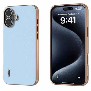 For iPhone 16 Plus ABEEL Electroplated Frame Genuine Leather Wave Phone Case(Blue)