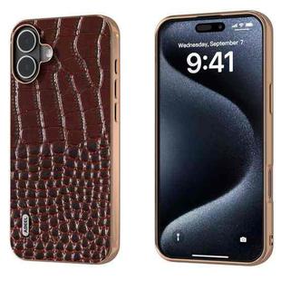 For iPhone 16 ABEEL Electroplated Frame Genuine Leather Crocodile Pattern Phone Case(Coffee)