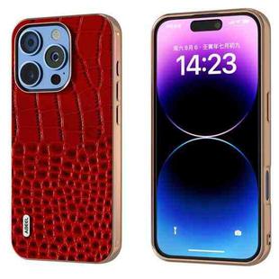 For iPhone 16 Pro ABEEL Electroplated Frame Genuine Leather Crocodile Pattern Phone Case(Red)