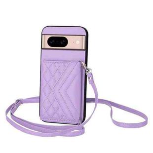 For Google Pixel 8a Rhombic Texture Card Bag RFID Phone Case with Long Lanyard(Light Purple)