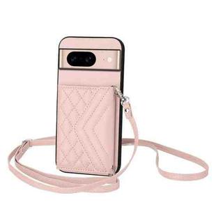 For Google Pixel 8a Rhombic Texture Card Bag RFID Phone Case with Long Lanyard(Rose Gold)