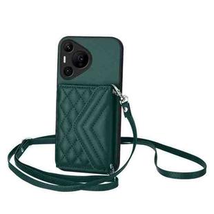 For Huawei Pura 70 Pro / 70 Pro+ Rhombic Texture Card Bag RFID Phone Case with Long Lanyard(Green)