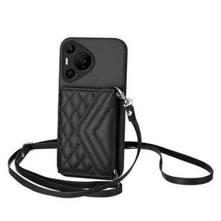 For Huawei Pura 70 Pro / 70 Pro+ Rhombic Texture Card Bag RFID Phone Case with Long Lanyard(Black)