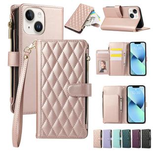 For iPhone 14 Plus Rhombic Zipper Wallet Leather Phone Case(Rose Gold)