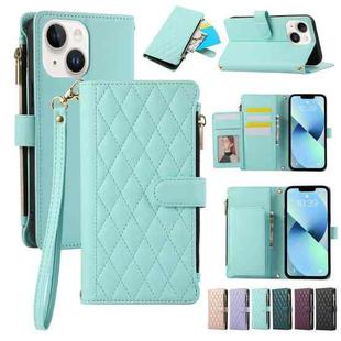 For iPhone 14 Rhombic Zipper Wallet Leather Phone Case(Cyan)