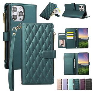 For iPhone 14 Pro Rhombic Zipper Wallet Leather Phone Case(Green)