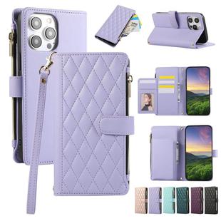 For iPhone 14 Pro Max Rhombic Zipper Wallet Leather Phone Case(Purple)