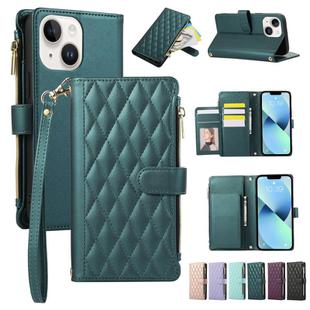 For iPhone 13 Rhombic Zipper Wallet Leather Phone Case(Green)