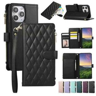 For iPhone 12 / 12 Pro Rhombic Zipper Wallet Leather Phone Case(Black)