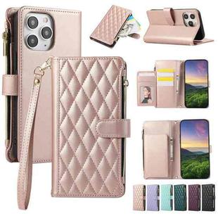 For iPhone 11 Pro Max Rhombic Zipper Wallet Leather Phone Case(Rose Gold)