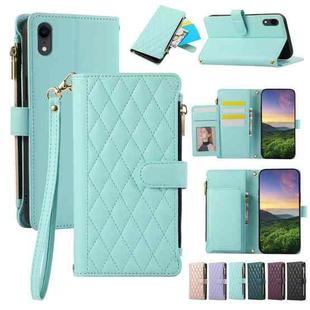 For iPhone XR Rhombic Zipper Wallet Leather Phone Case(Cyan)