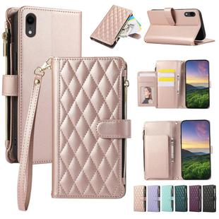 For iPhone XR Rhombic Zipper Wallet Leather Phone Case(Rose Gold)