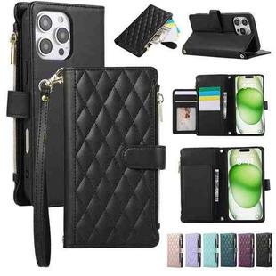 For iPhone 16 Pro Max Rhombic Zipper Wallet Leather Phone Case(Black)