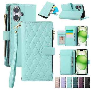 For iPhone 16 Plus Rhombic Zipper Wallet Leather Phone Case(Cyan)