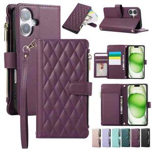 For iPhone 16 Plus Rhombic Zipper Wallet Leather Phone Case(Deep Purple)