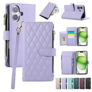 For iPhone 16 Rhombic Zipper Wallet Leather Phone Case(Purple)