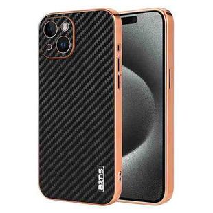 For iPhone 15 Plus AZNS Electroplated Edge Carbon Fiber Texture Phone Case(Black)