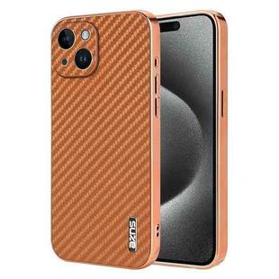 For iPhone 15 Plus AZNS Electroplated Edge Carbon Fiber Texture Phone Case(Brown)