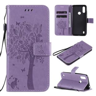 For Motorola Moto E6s (2020) Tree & Cat Embossed Pattern Horizontal Flip Leather Case with Holder & Card Slots & Wallet & Lanyard(Light Purple)