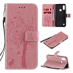 For Motorola Moto E6s (2020) Tree & Cat Embossed Pattern Horizontal Flip Leather Case with Holder & Card Slots & Wallet & Lanyard(Pink)