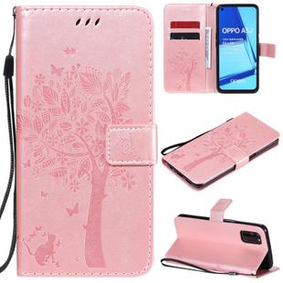 For Oppo A52 / A72 / A92 Tree & Cat Embossed Pattern Horizontal Flip Leather Case with Holder & Card Slots & Wallet & Lanyard(Rose Gold)