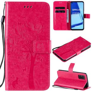 For Oppo A52 / A72 / A92 Tree & Cat Embossed Pattern Horizontal Flip Leather Case with Holder & Card Slots & Wallet & Lanyard(Rose Red)