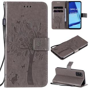 For Oppo A52 / A72 / A92 Tree & Cat Embossed Pattern Horizontal Flip Leather Case with Holder & Card Slots & Wallet & Lanyard(Grey)