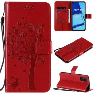 For Oppo A52 / A72 / A92 Tree & Cat Embossed Pattern Horizontal Flip Leather Case with Holder & Card Slots & Wallet & Lanyard(Red)