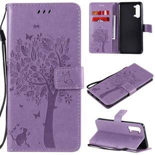 For Oppo Reno3 5G/ Find X2 Lite Tree & Cat Embossed Pattern Horizontal Flip Leather Case with Holder & Card Slots & Wallet & Lanyard(Light Purple)