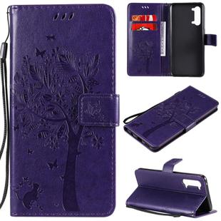 For Oppo Reno3 5G/ Find X2 Lite Tree & Cat Embossed Pattern Horizontal Flip Leather Case with Holder & Card Slots & Wallet & Lanyard(Purple)