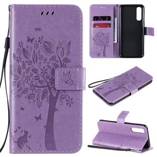 For Oppo Reno3 Pro 4G Tree & Cat Embossed Pattern Horizontal Flip Leather Case with Holder & Card Slots & Wallet & Lanyard(Light Purple)