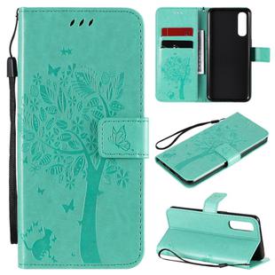 For Oppo Reno3 Pro 4G Tree & Cat Embossed Pattern Horizontal Flip Leather Case with Holder & Card Slots & Wallet & Lanyard(Green)