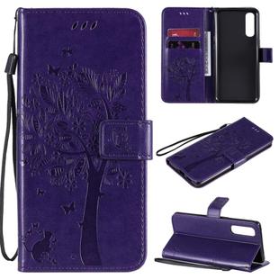 For Oppo Reno3 Pro 4G Tree & Cat Embossed Pattern Horizontal Flip Leather Case with Holder & Card Slots & Wallet & Lanyard(Purple)