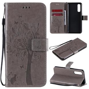 For Oppo Reno3 Pro 4G Tree & Cat Embossed Pattern Horizontal Flip Leather Case with Holder & Card Slots & Wallet & Lanyard(Grey)