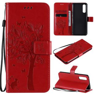 For Oppo Reno3 Pro 4G Tree & Cat Embossed Pattern Horizontal Flip Leather Case with Holder & Card Slots & Wallet & Lanyard(Red)