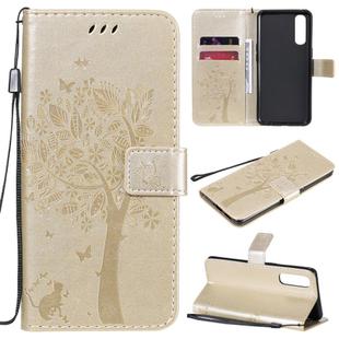 For Oppo Reno3 Pro 4G Tree & Cat Embossed Pattern Horizontal Flip Leather Case with Holder & Card Slots & Wallet & Lanyard(Gold)