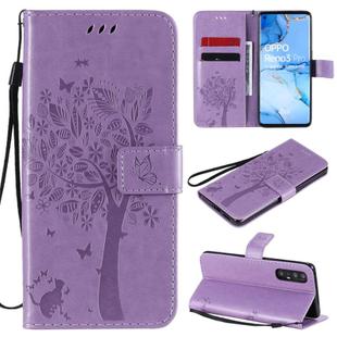 For Oppo Reno3 Pro 5G / Find X2 Neo Tree & Cat Embossed Pattern Horizontal Flip Leather Case with Holder & Card Slots & Wallet & Lanyard(Light Purple)