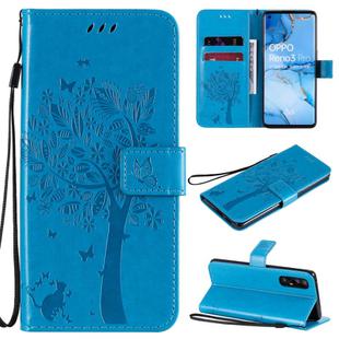 For Oppo Reno3 Pro 5G / Find X2 Neo Tree & Cat Embossed Pattern Horizontal Flip Leather Case with Holder & Card Slots & Wallet & Lanyard(Blue)