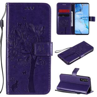 For Oppo Reno3 Pro 5G / Find X2 Neo Tree & Cat Embossed Pattern Horizontal Flip Leather Case with Holder & Card Slots & Wallet & Lanyard(Purple)