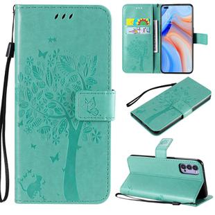 For Oppo Reno4 5G Tree & Cat Embossed Pattern Horizontal Flip Leather Case with Holder & Card Slots & Wallet & Lanyard(Green)