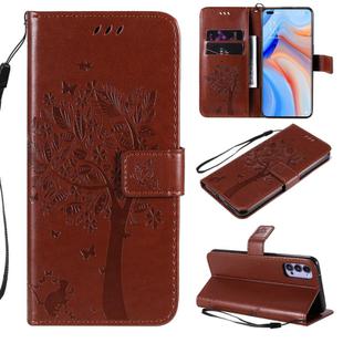 For Oppo Reno4 5G Tree & Cat Embossed Pattern Horizontal Flip Leather Case with Holder & Card Slots & Wallet & Lanyard(Coffee)