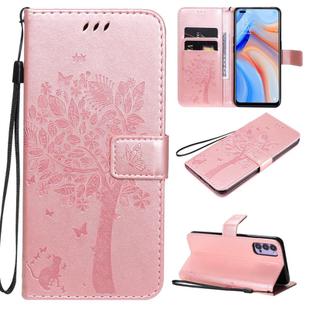 For Oppo Reno4 5G Tree & Cat Embossed Pattern Horizontal Flip Leather Case with Holder & Card Slots & Wallet & Lanyard(Rose Gold)