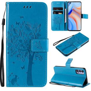 For Oppo Reno4 5G Tree & Cat Embossed Pattern Horizontal Flip Leather Case with Holder & Card Slots & Wallet & Lanyard(Blue)