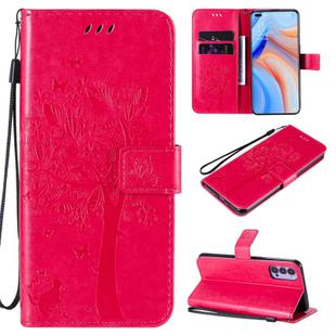 For Oppo Reno4 5G Tree & Cat Embossed Pattern Horizontal Flip Leather Case with Holder & Card Slots & Wallet & Lanyard(Rose Red)