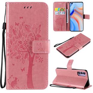 For Oppo Reno4 5G Tree & Cat Embossed Pattern Horizontal Flip Leather Case with Holder & Card Slots & Wallet & Lanyard(Pink)